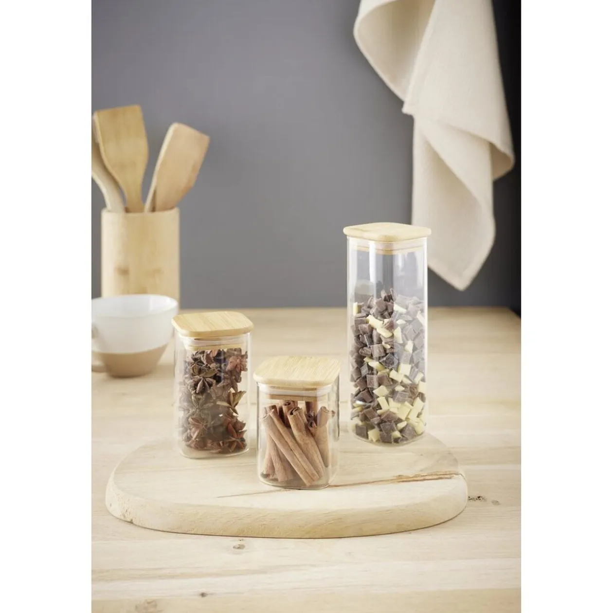 Pot carré en verre 180/220/450ml couvercle bambou