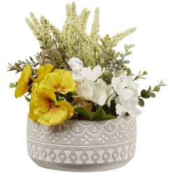 Pot ciment fleur artificielle jaune et blanche Ø18xH25cm