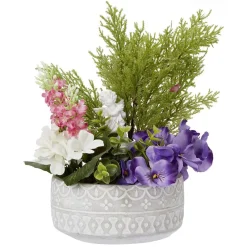 Pot ciment plante et fleur artificielle violet Ø18xH25cm