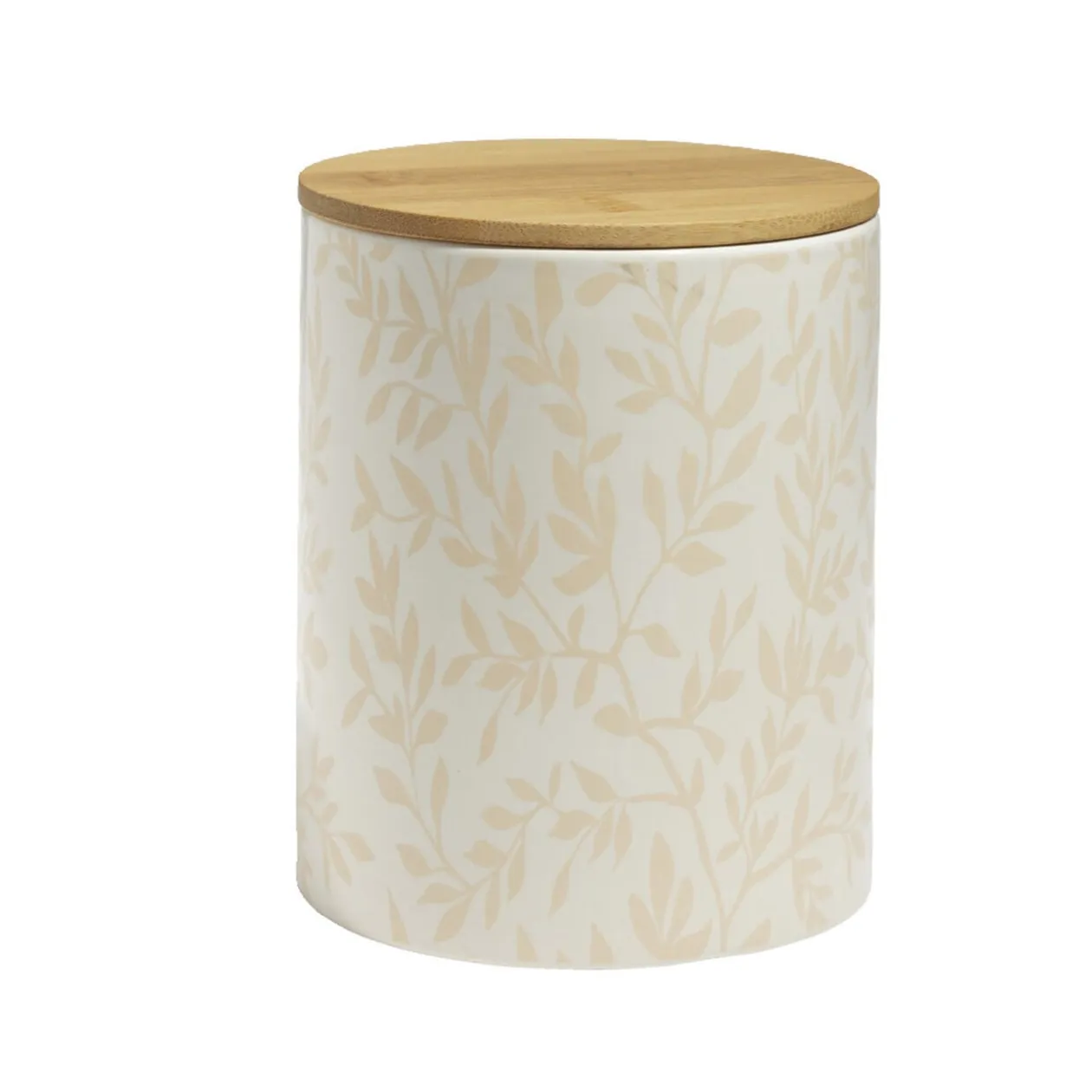 Pot de conservation 1,2L grès motif feuillage couvercle bambou Ø12xH14,5cm