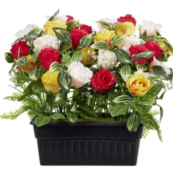 Pot de rose blanche rouge jaune et gypsophile artificiel L43x28xH38cm