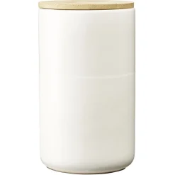 Pot en céramique blanc avec couvercle en bois H16,5 cm