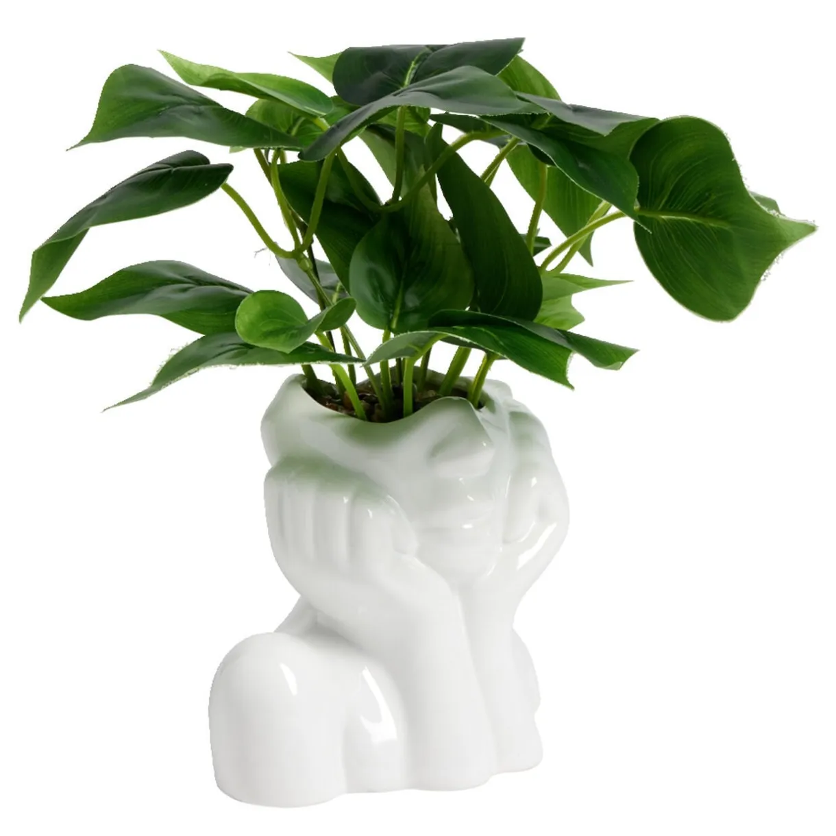 Pot en céramique visage blanc avec plante verte artificielle 14x9xH25cm < Gifi Sale