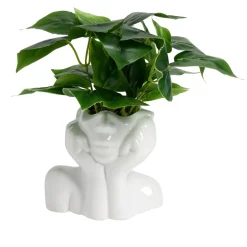 Pot en céramique visage blanc avec plante verte artificielle 14x9xH25cm < Gifi Sale