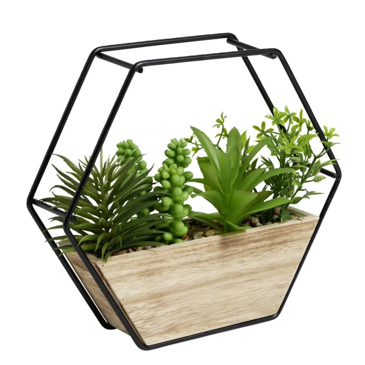 Pot hexagonal avec plantes vertes artificielles en bois et métal 20,5x5xH20,5cm < Gifi Hot