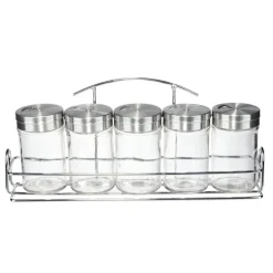 Pot à épices verre couvercle inox x5 avec support métallique 26x5,5xH11,5cm