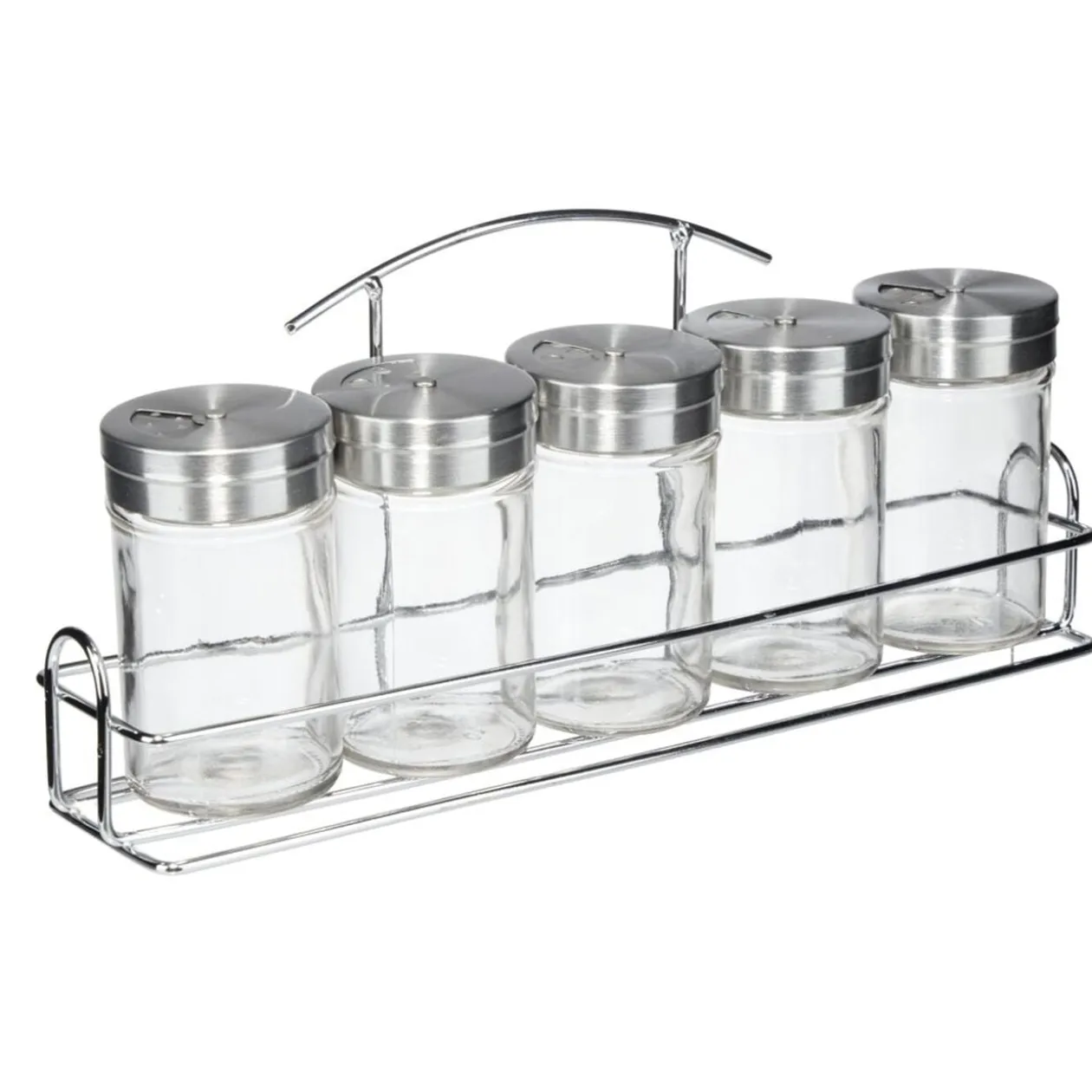 Pot à épices verre couvercle inox x5 avec support métallique 26x5,5xH11,5cm