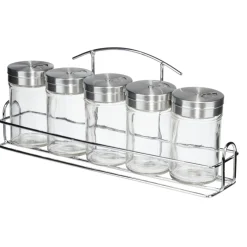 Pot à épices verre couvercle inox x5 avec support métallique 26x5,5xH11,5cm