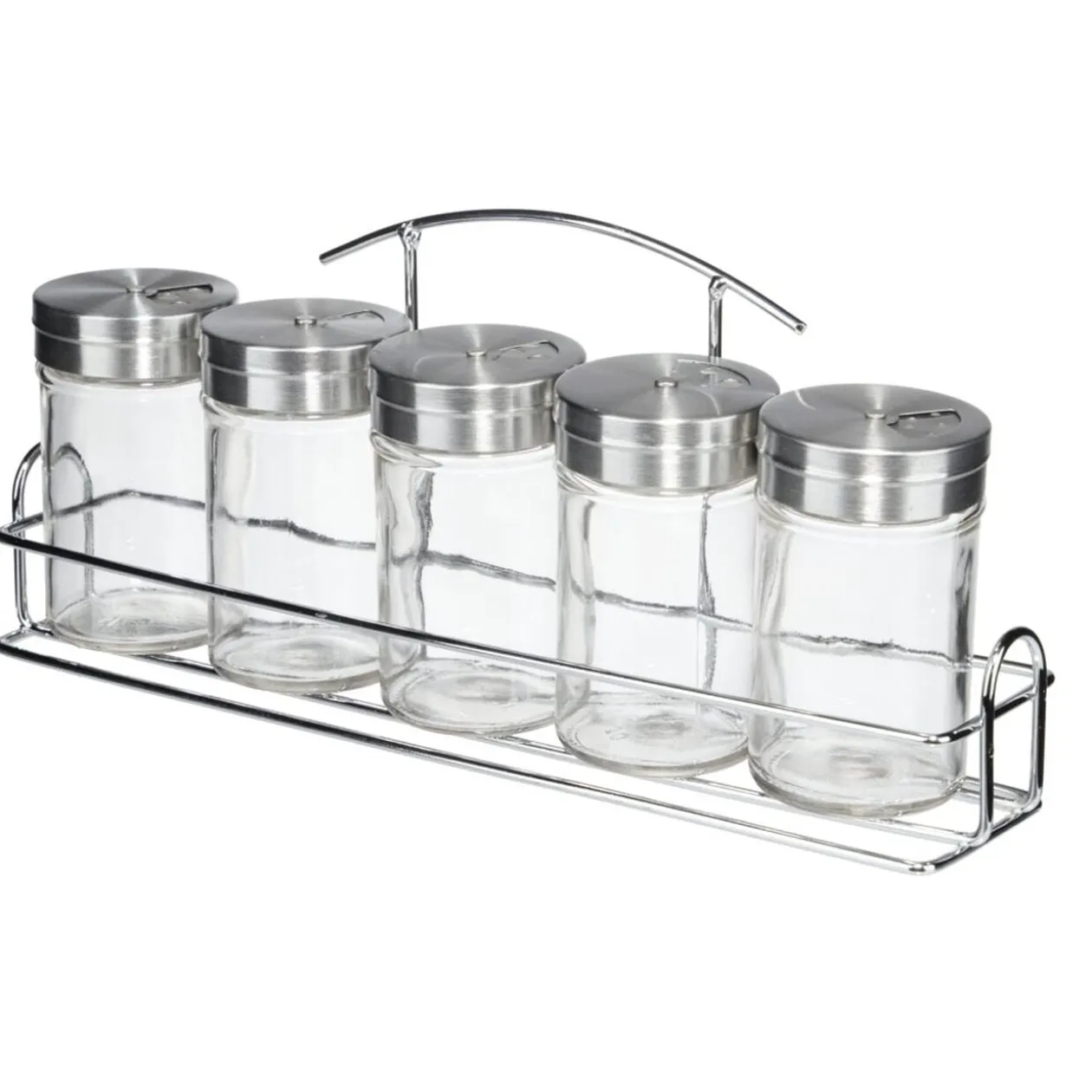 Pot à épices verre couvercle inox x5 avec support métallique 26x5,5xH11,5cm