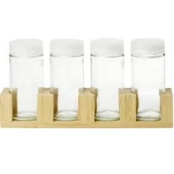 Pots à épices en verre x4 avec support en bambou 20x4,5xH11cm