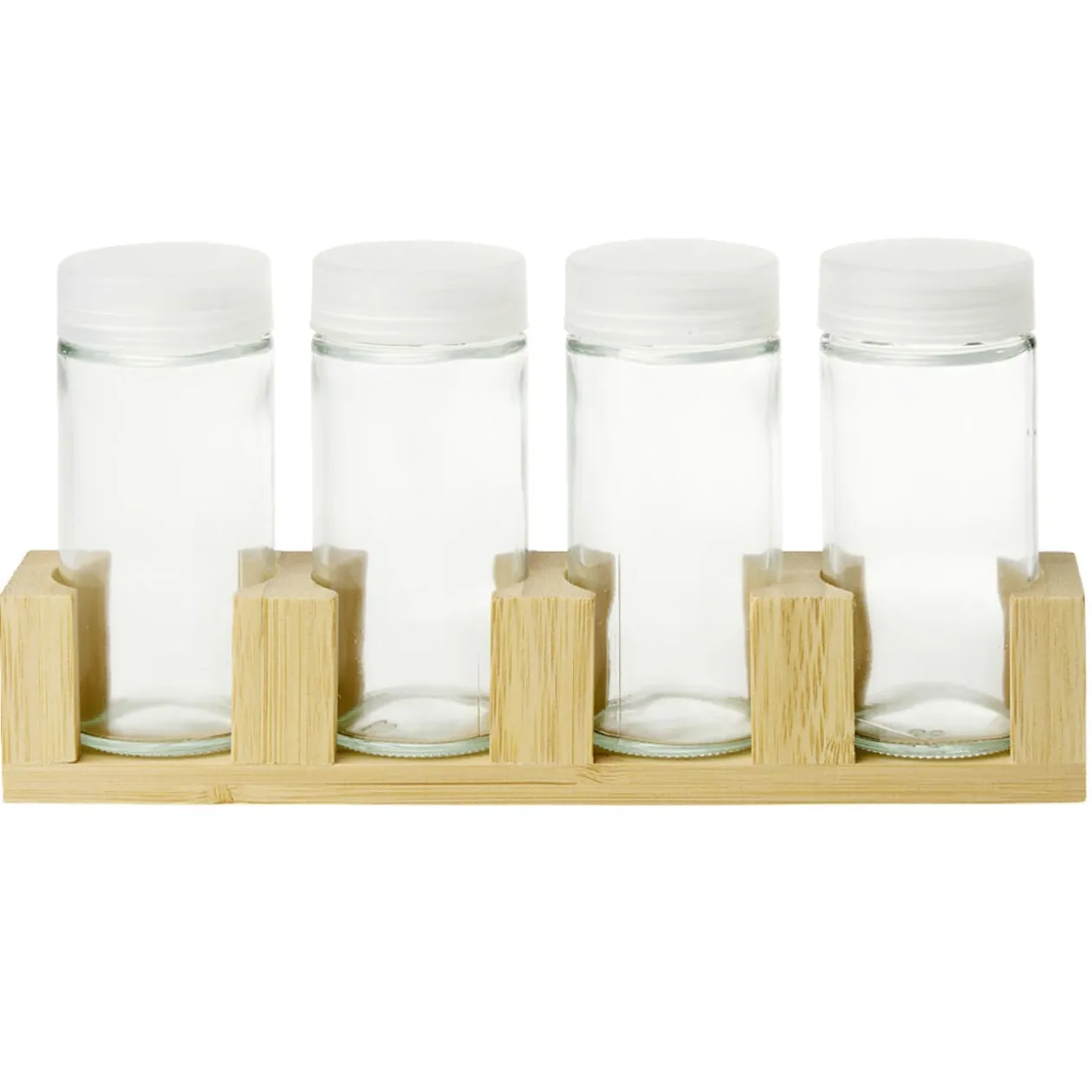 Pots à épices en verre x4 avec support en bambou 20x4,5xH11cm
