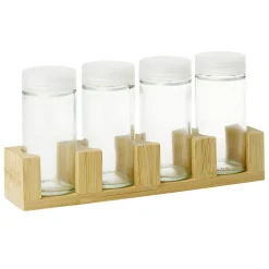 Pots à épices en verre x4 avec support en bambou 20x4,5xH11cm