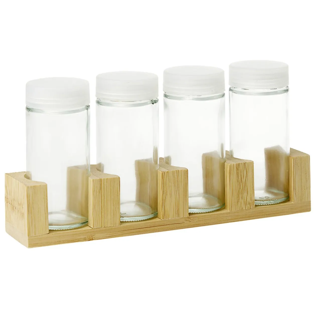 Pots à épices en verre x4 avec support en bambou 20x4,5xH11cm