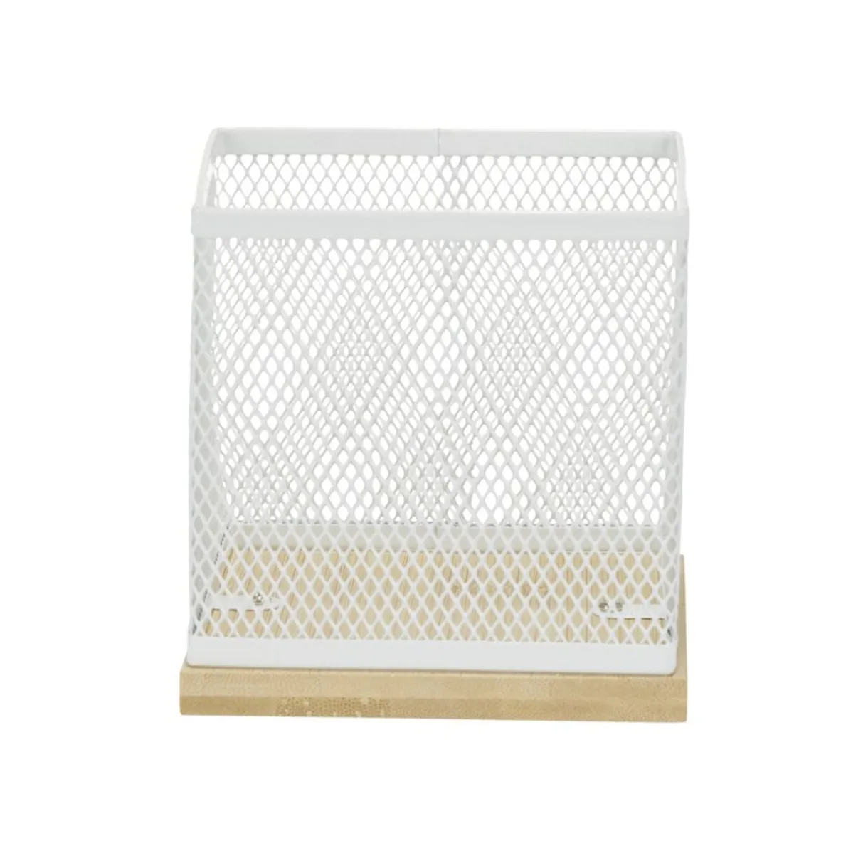 Pot à stylo bureau bambou et métal grillagé blanc 10x10x10cm < Gifi Hot