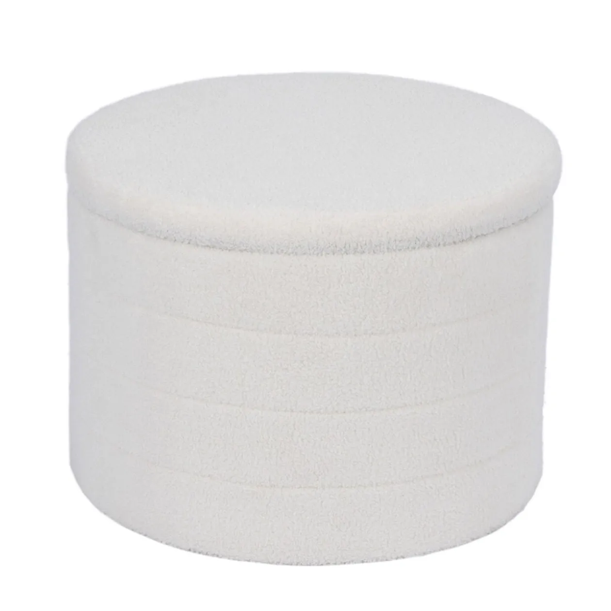 Pouf coffre de rangement rond blanc tissu bouclette Clara Ø56xH40cm