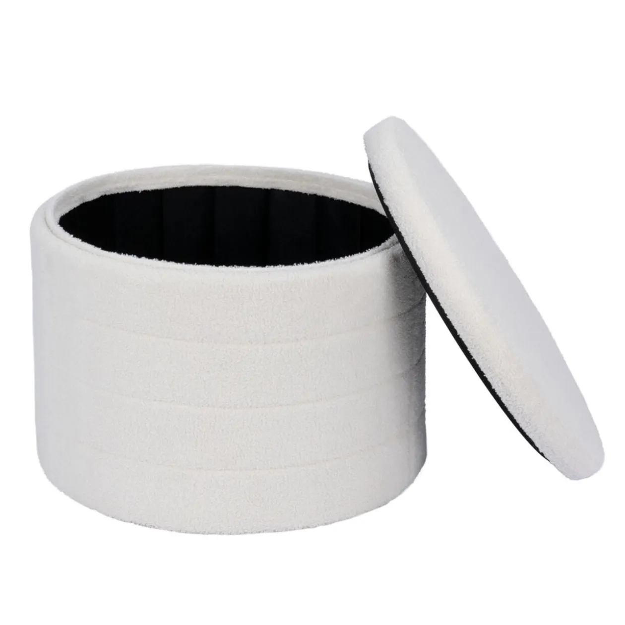 Pouf coffre de rangement rond blanc tissu bouclette Clara Ø56xH40cm