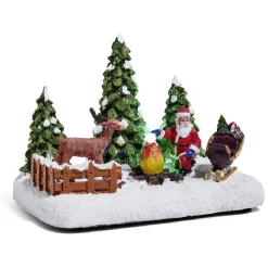 Père Noël et renne lumineux feu de bois sur la neige 4 LED en résine