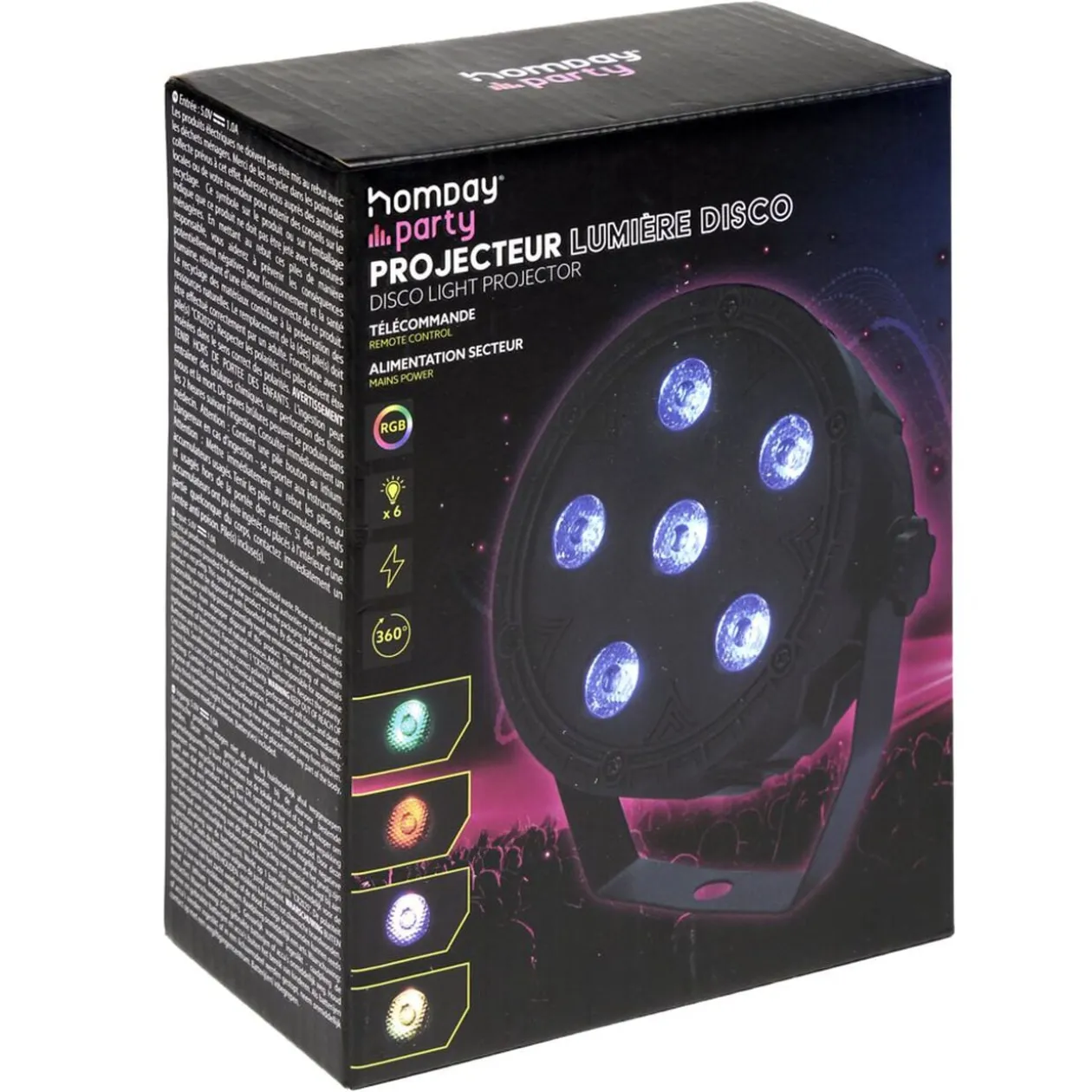 Projecteur de lumière disco rond 6LED RGB 360° avec télécommande H14cm