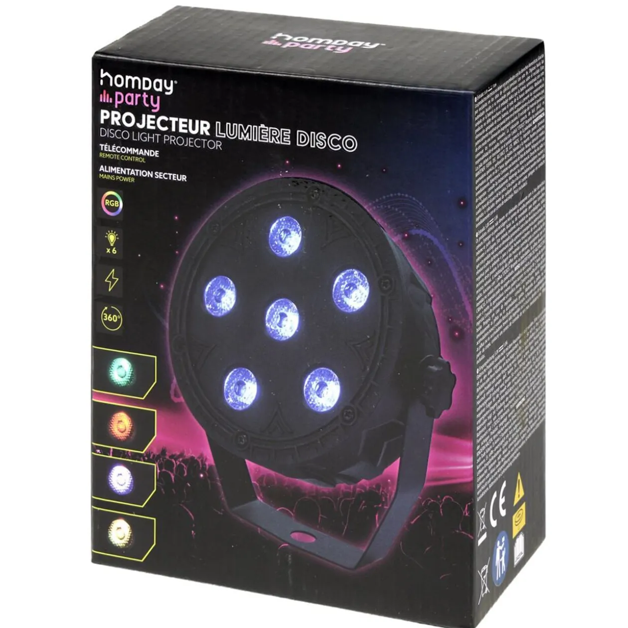 Projecteur de lumière disco rond 6LED RGB 360° avec télécommande H14cm