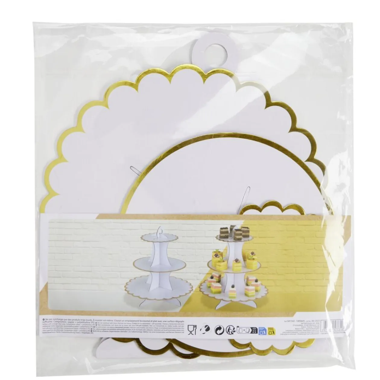 Présentoir à gâteau carton blanc rebord doré Ø30xH32,5cm