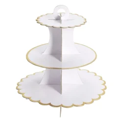 Présentoir à gâteau carton blanc rebord doré Ø30xH32,5cm