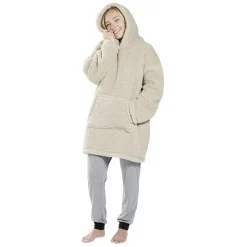 Pull plaid adulte polaire à capuche - beige ou blanc < Gifi