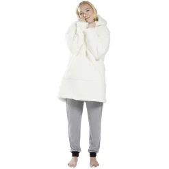 Pull plaid adulte polaire à capuche - beige ou blanc < Gifi