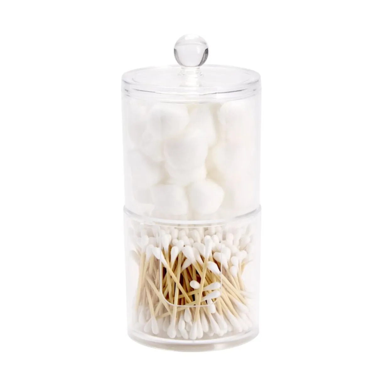 Rangement cosmétique plastique transparent avec coton et coton tige bambou Ø10xH19cm < Gifi Hot