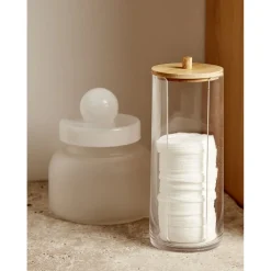 Rangement pour coton plastique transparent et bambou H20cm
