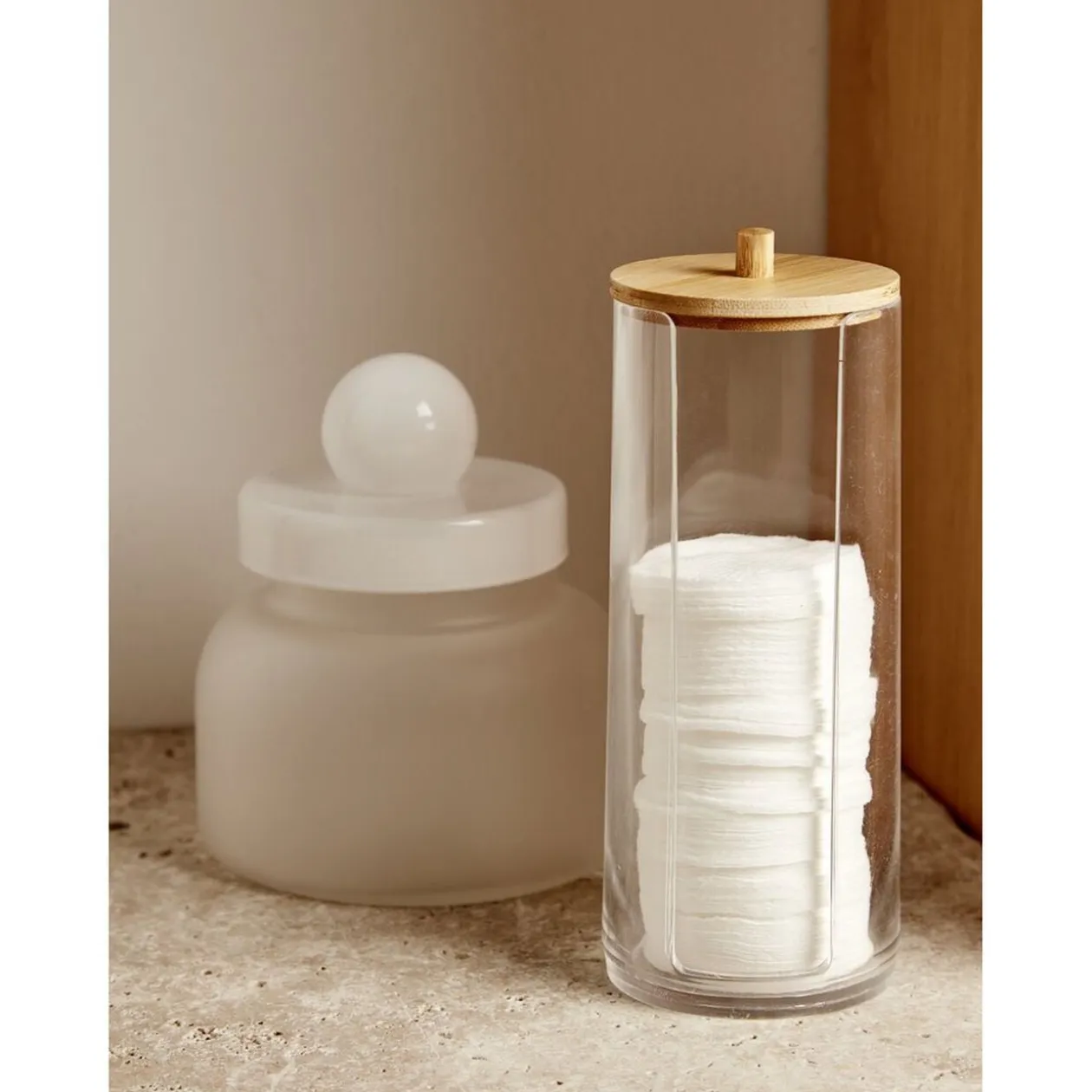 Rangement pour coton plastique transparent et bambou H20cm