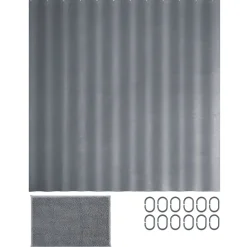 Rideau de douche avec anneaux et tapis salle de bain chenille (2 modèles gris ou vert)