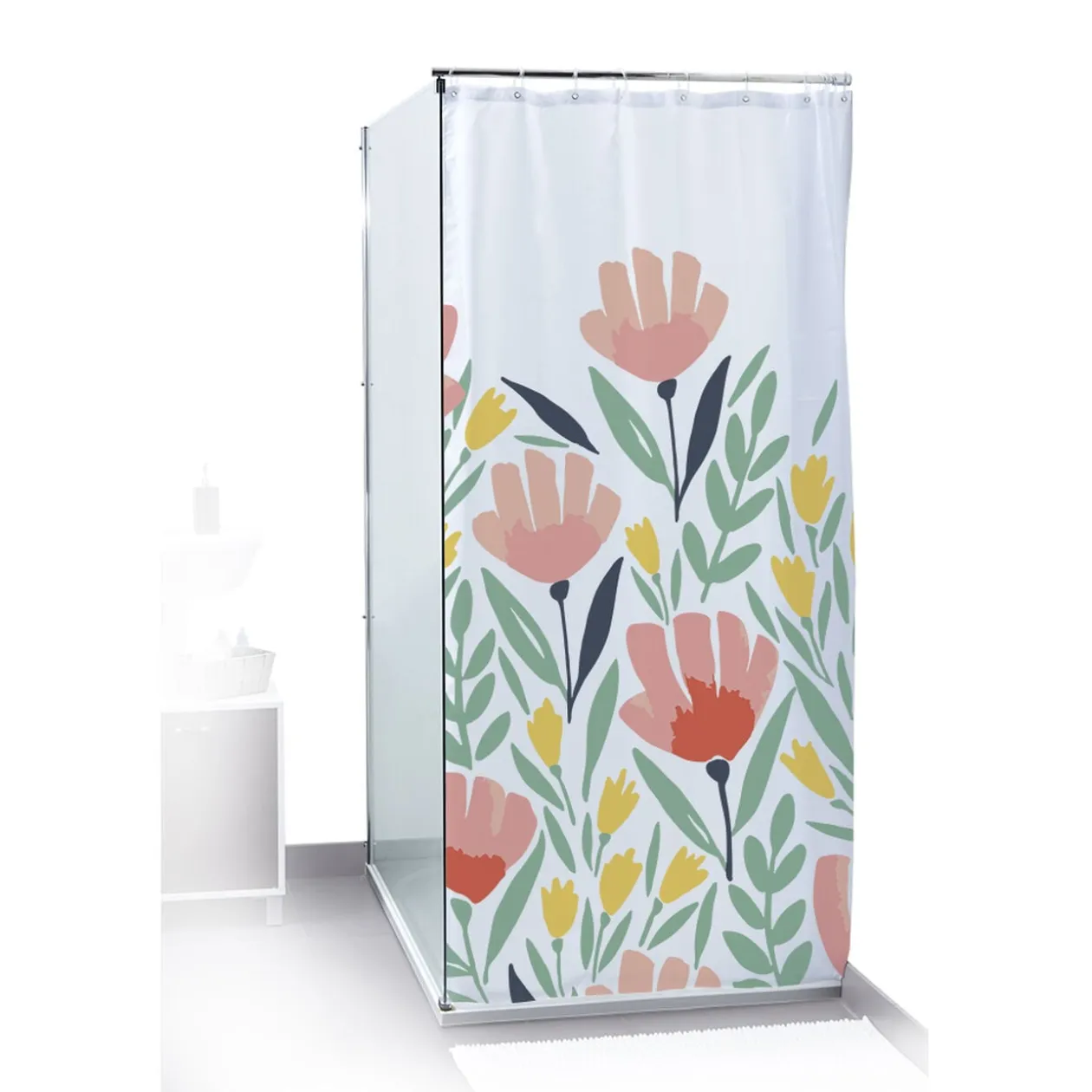 Rideau de douche motif floral et feuillage bleu vert rouge 180x200cm