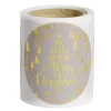 Rouleau étiquette autocollante Merry Christmas sapin blanc et dorée Ø3cm x50