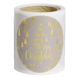 Rouleau étiquette autocollante Merry Christmas sapin blanc et dorée Ø3cm x50