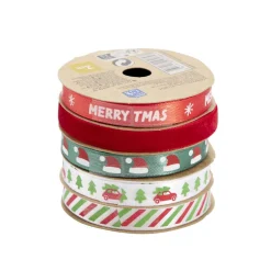 Ruban Noël x5 en tissu thème traditionnel rouge vert blanc 2m