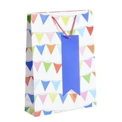 Sac cadeau blanc motifs fanions multicolores - Taille XL