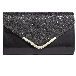 Sac pochette de soirée satiné et pailleté 24x5,6xH14cm - 2 modèles noir ou doré