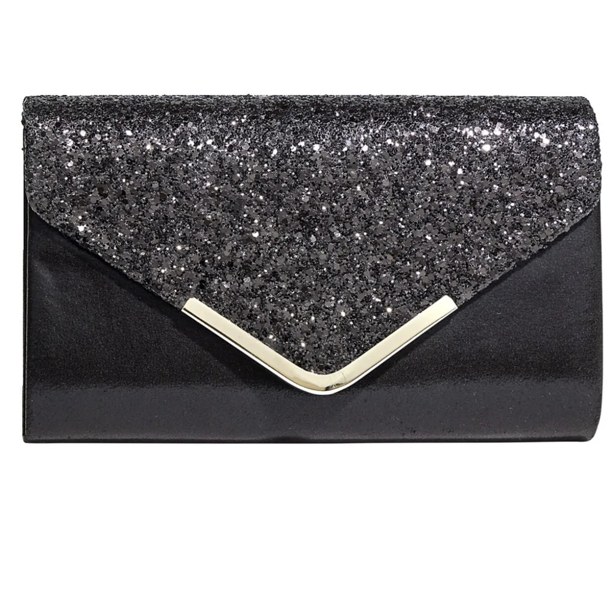 Sac pochette de soirée satiné et pailleté 24x5,6xH14cm - 2 modèles noir ou doré