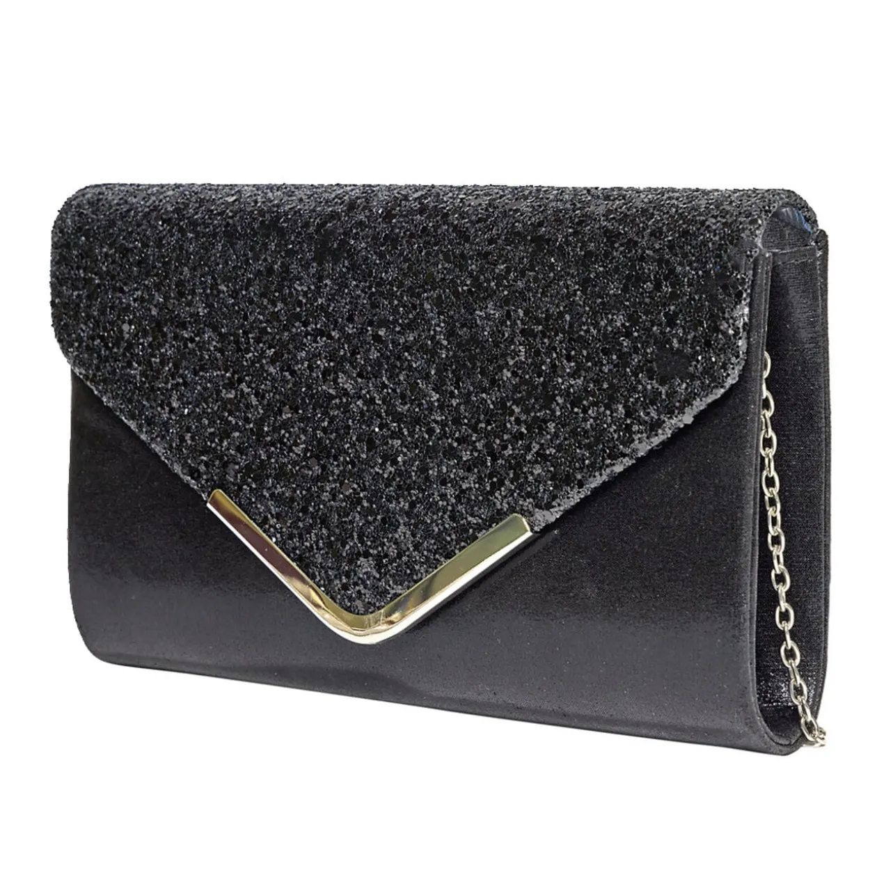 Sac pochette de soirée satiné et pailleté 24x5,6xH14cm - 2 modèles noir ou doré