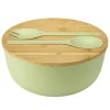 Saladier plastique vert avec couvercle bambou et couverts à salade assortis Ø25cm