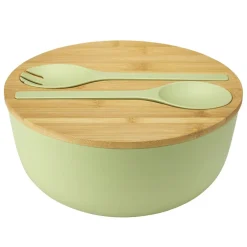 Saladier plastique vert avec couvercle bambou et couverts à salade assortis Ø25cm