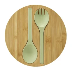 Saladier plastique vert avec couvercle bambou et couverts à salade assortis Ø25cm
