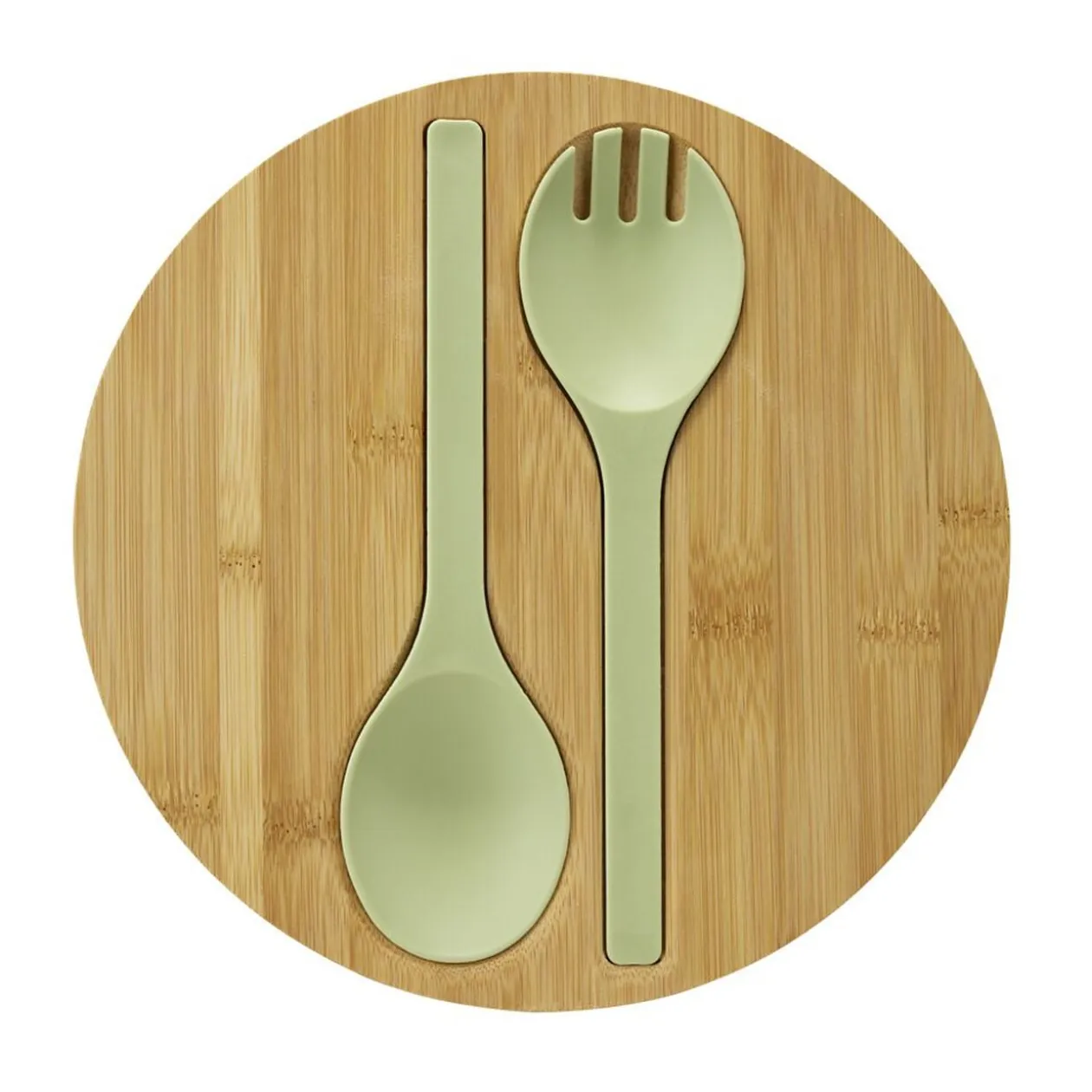 Saladier plastique vert avec couvercle bambou et couverts à salade assortis Ø25cm