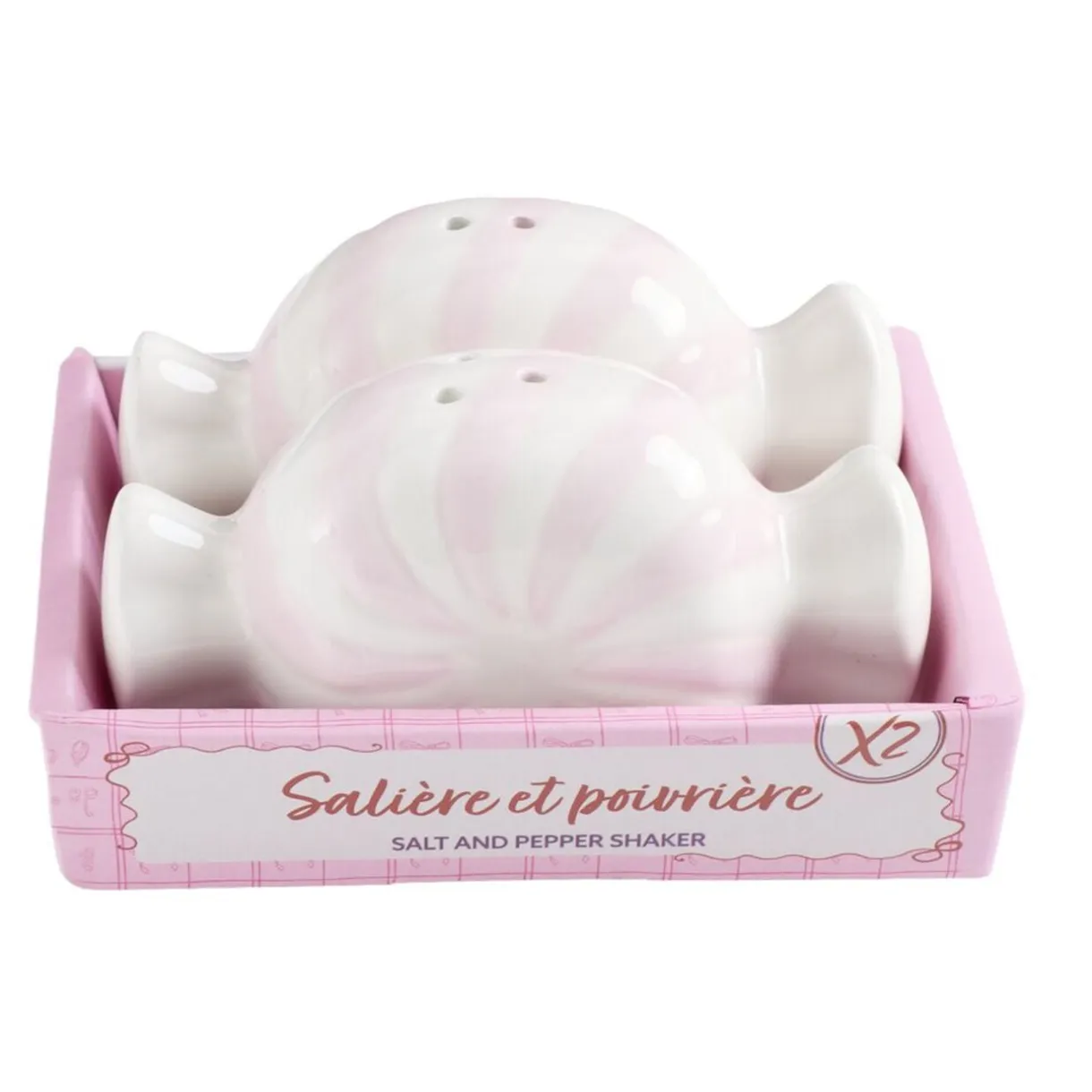 Salière et poivrière forme bonbon dolomite rose et blanc 10,5x5,5xH8cm < Gifi Best