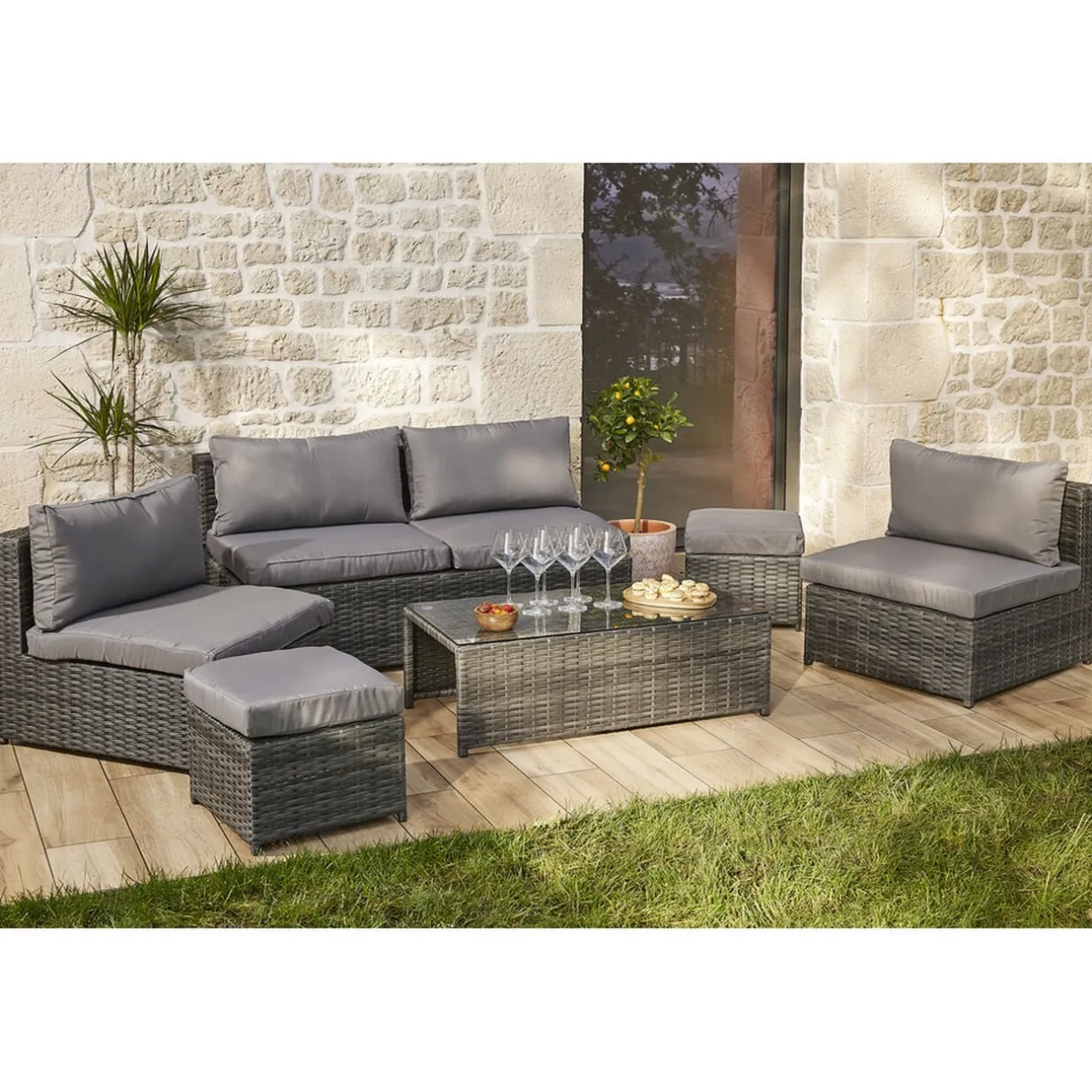 Salon de jardin Imbrik 6 places plastique tressé et acier gris (6 pièces) < Gifi Discount