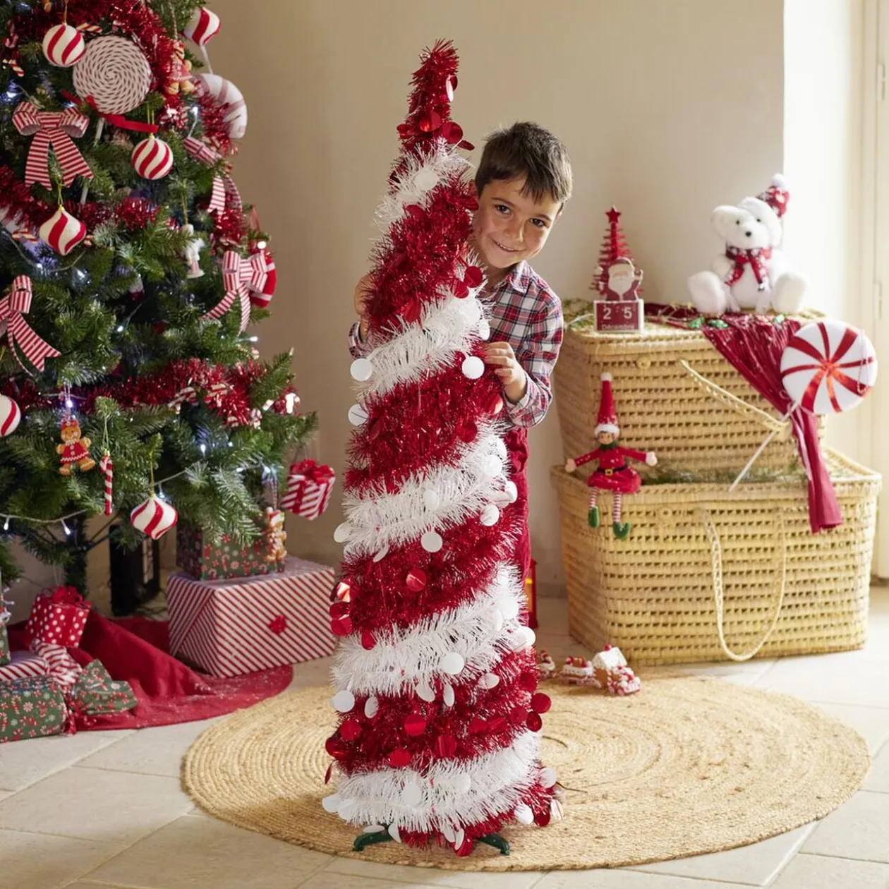 Sapin de Noël artificiel POP UP rouge et blanc Ø30xH120cm