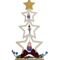 Sapin à poser en bois décor étoile, casse noisette et matriochka H26 cm < Gifi Online