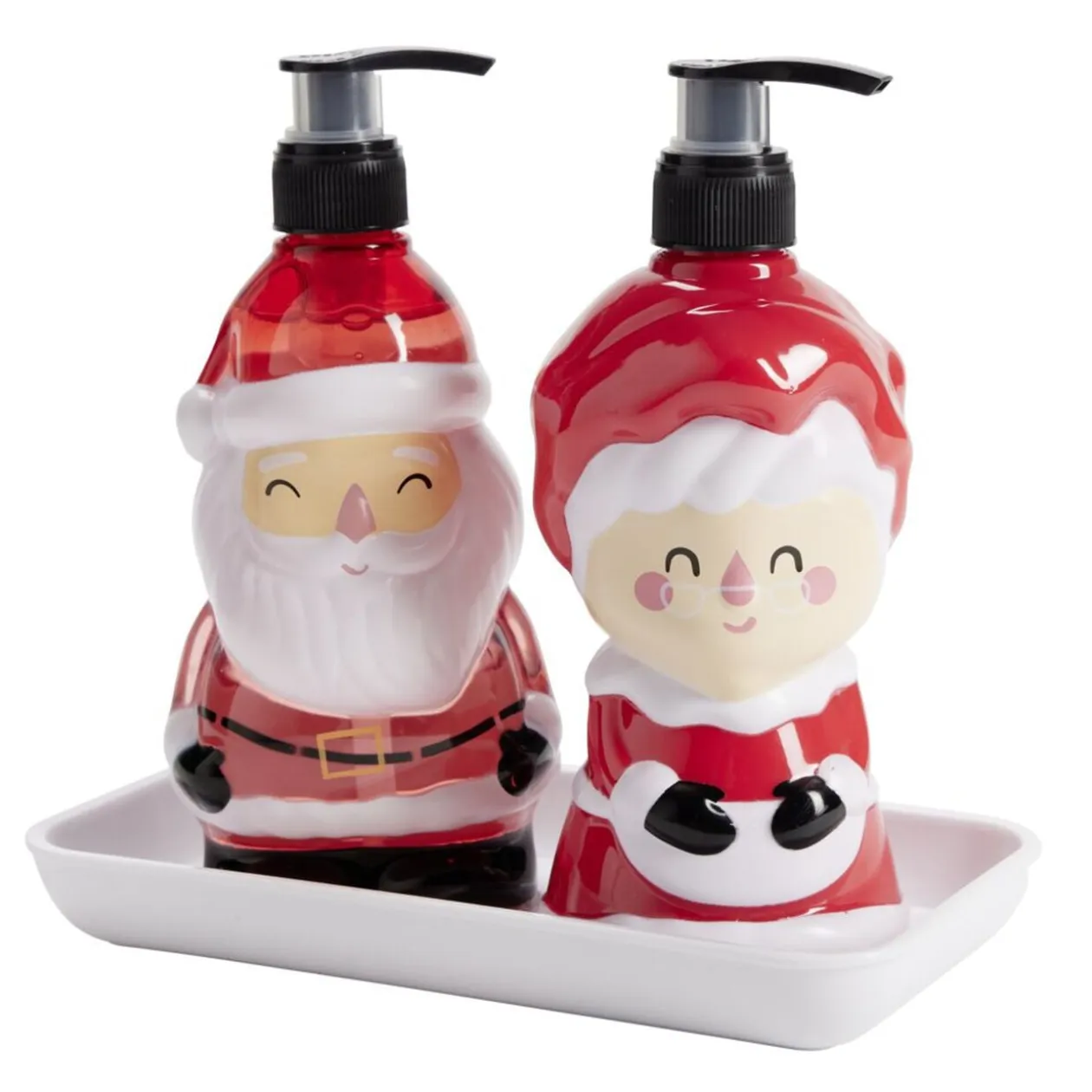 Savon mains liquide et lotion flacon Père Noël et Mère Noël sur plateau 2x310ml