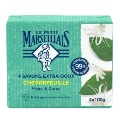 Savon solide Le Petit Marseillais mains et corps chèvrefeuille 4x100gr