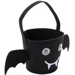 Seau à bonbons Halloween chauve-souris avec yeux mobiles feutrine noir 16x14xH13 cm